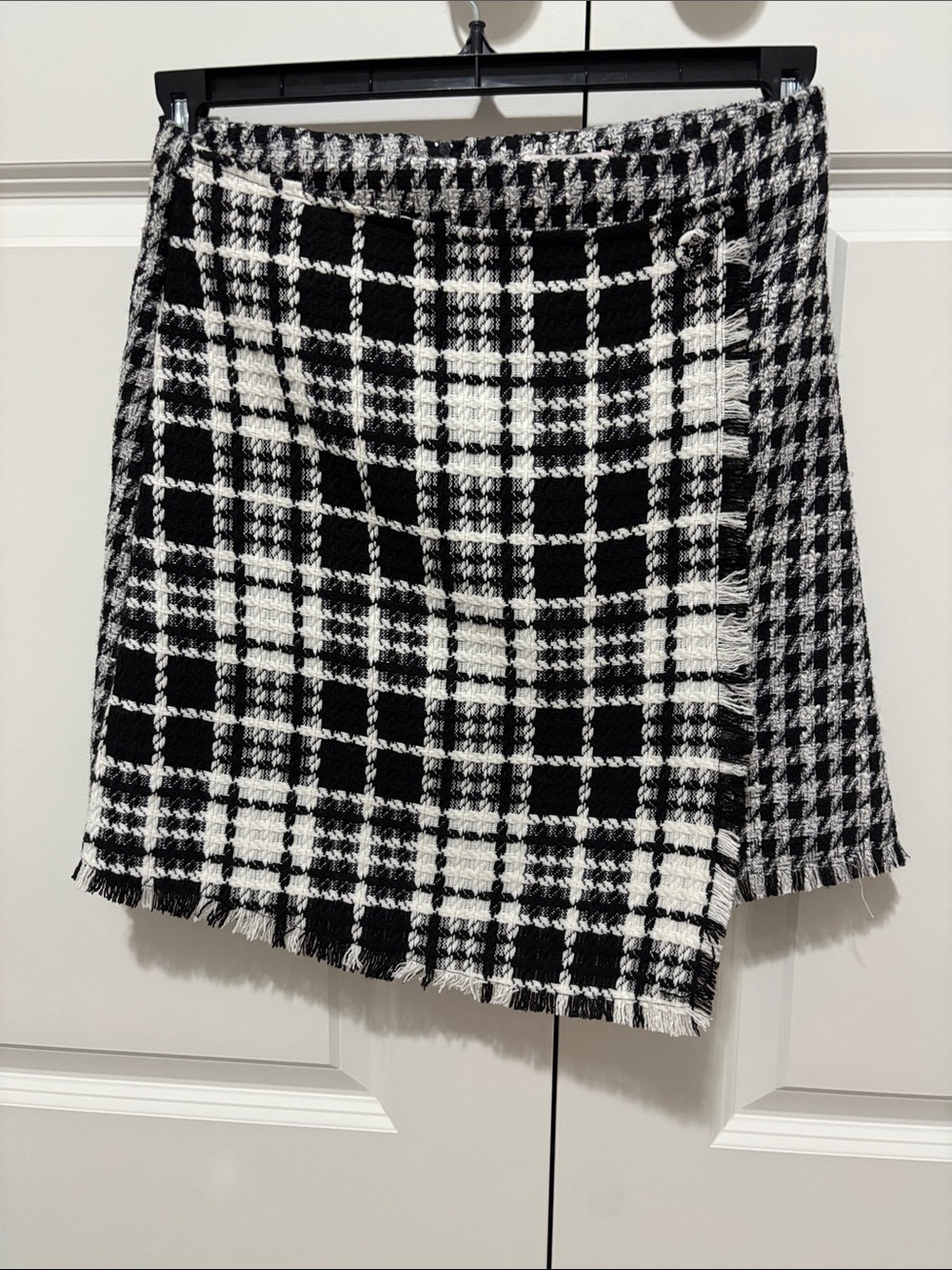 GB girls Black and White Plaid Tweed Wrap Skirt with Fringe
